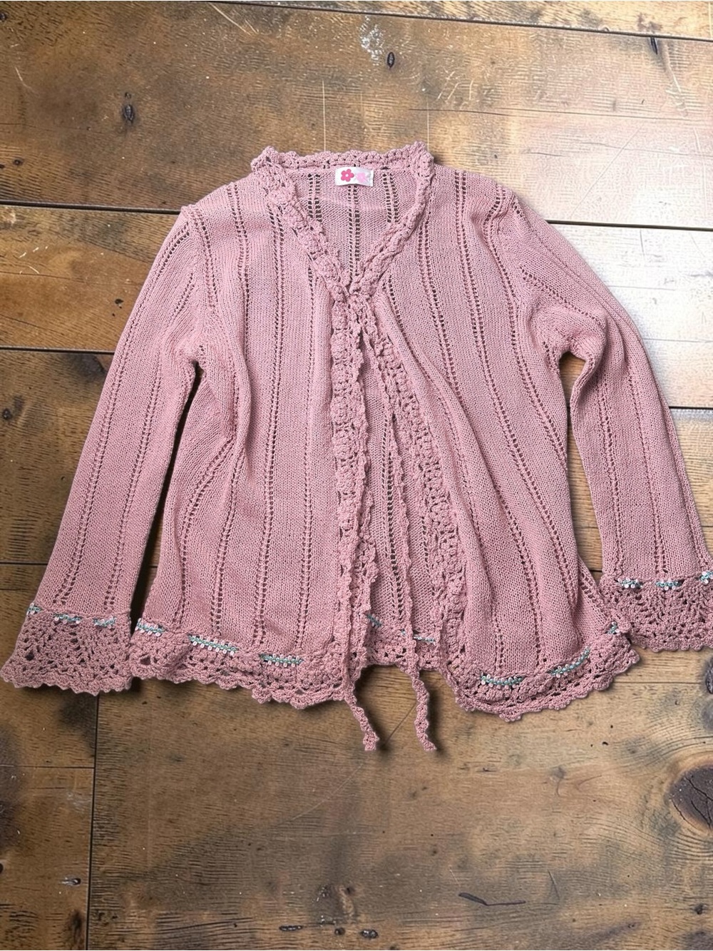 Made in Italy Pink Crochet Knit Tie Front Cardigan